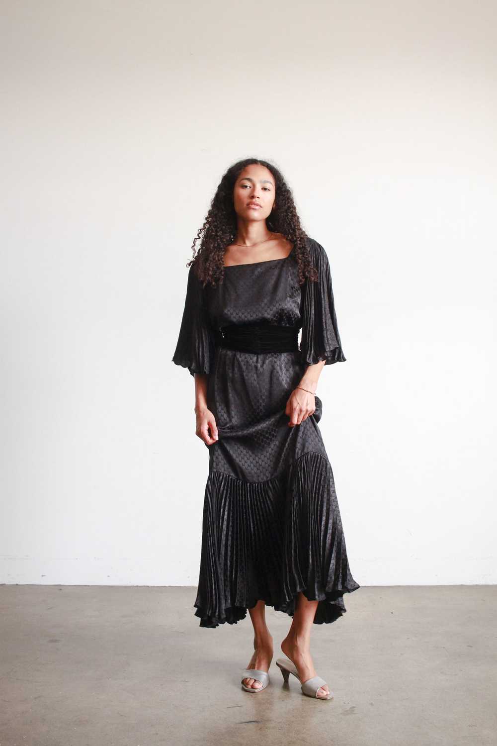 1980s Black Silk Pleated Angel Sleeve Dress - image 3