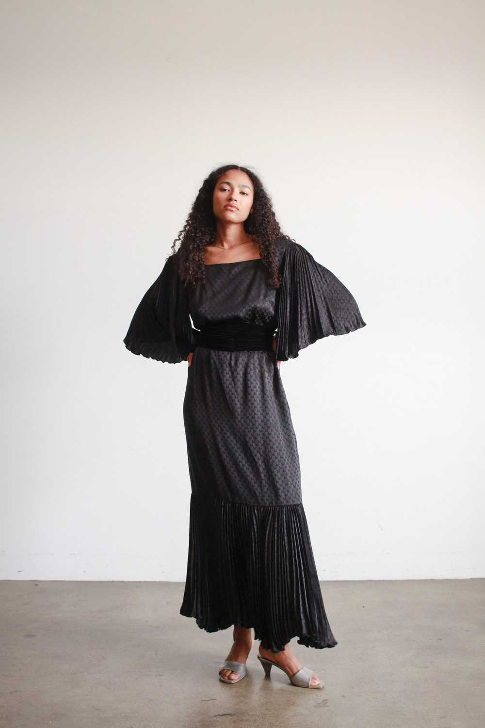 1980s Black Silk Pleated Angel Sleeve Dress - image 4