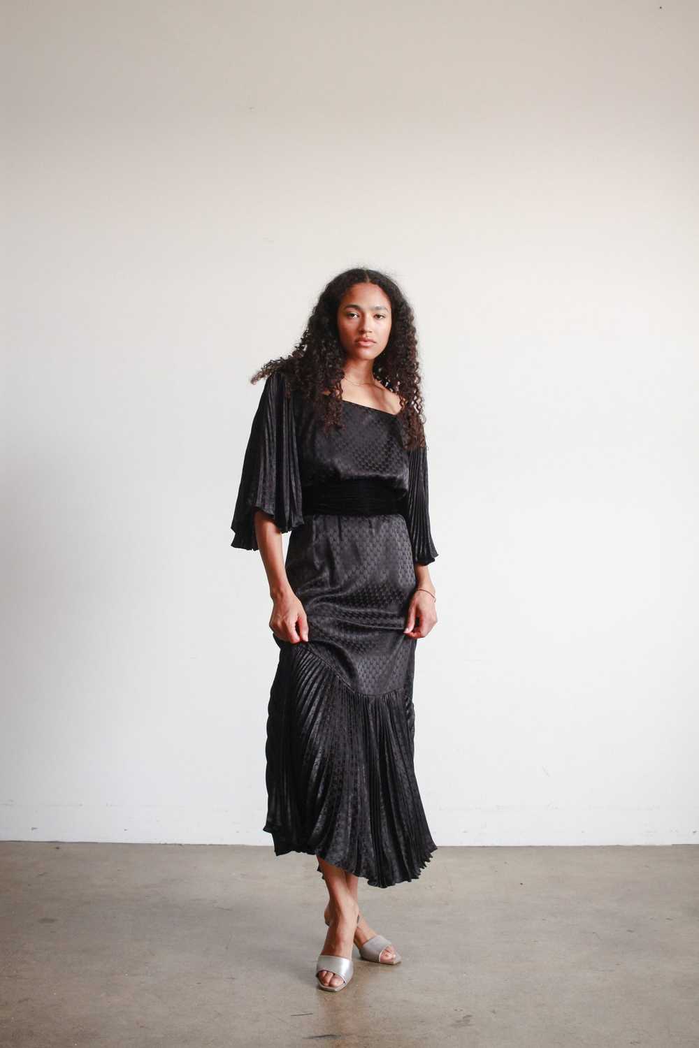 1980s Black Silk Pleated Angel Sleeve Dress - image 5