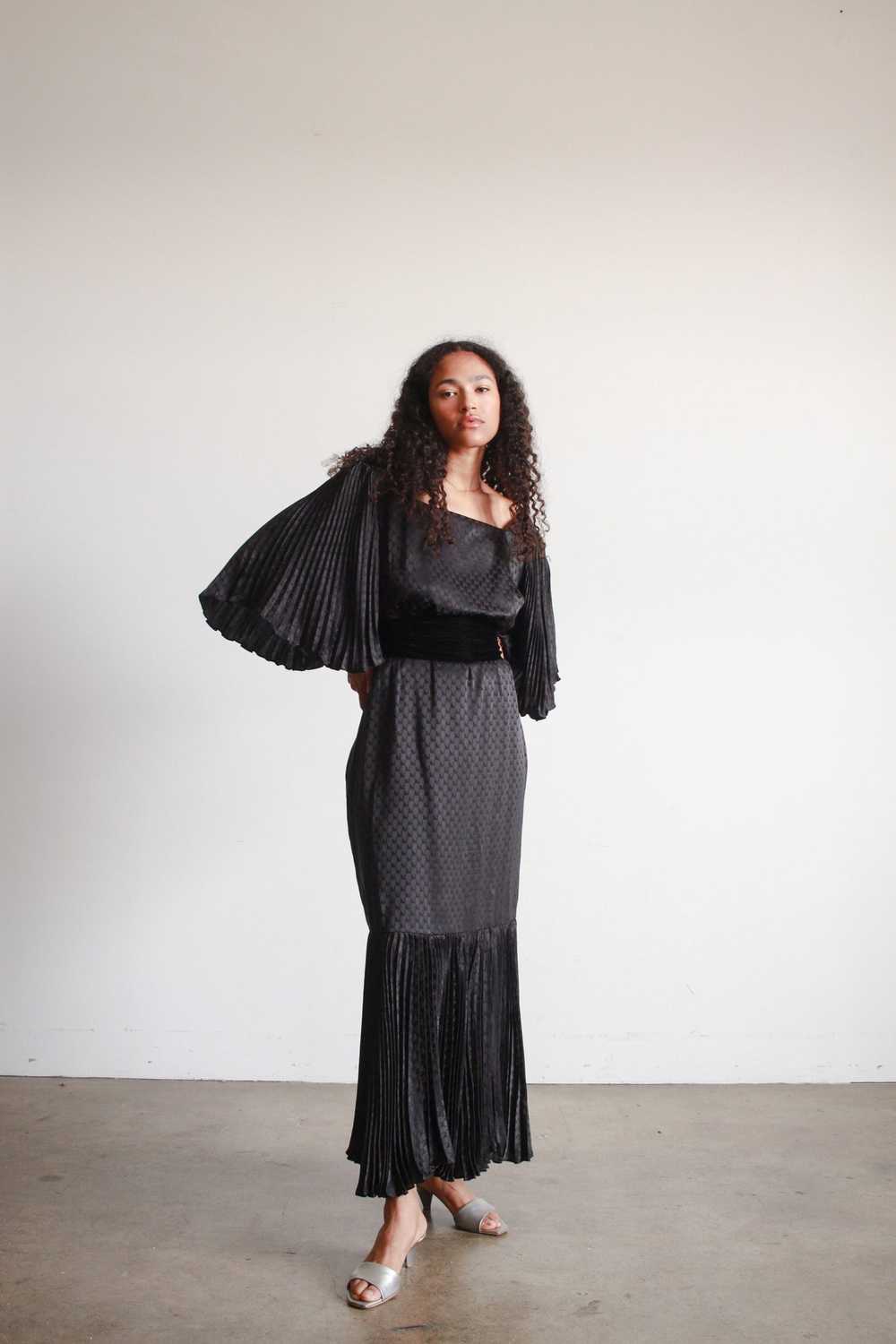 1980s Black Silk Pleated Angel Sleeve Dress - image 6