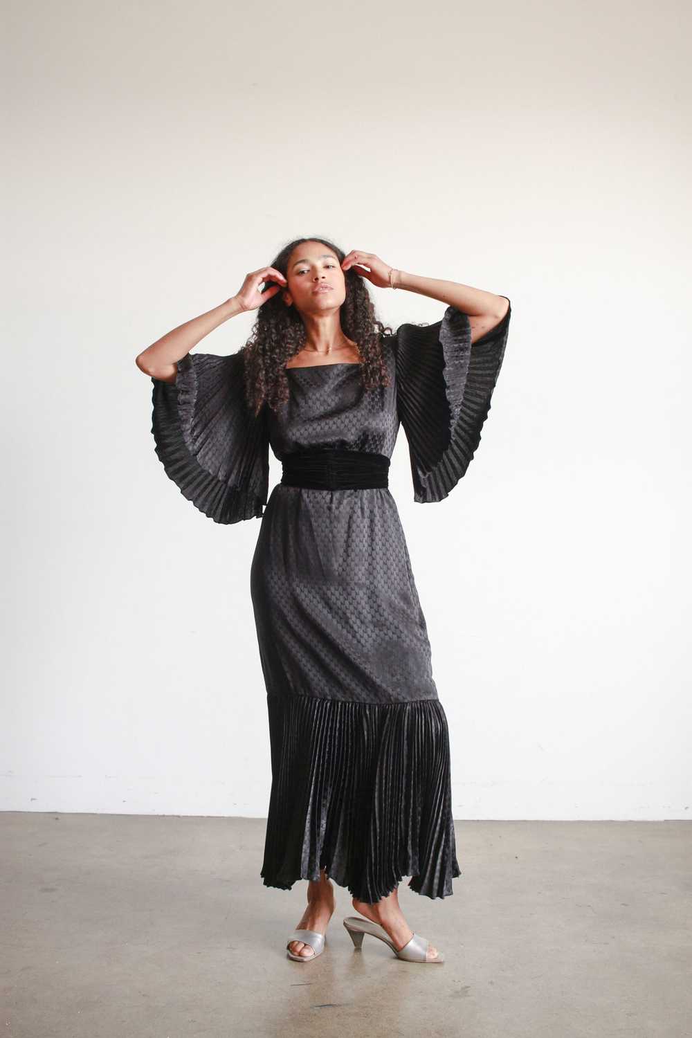 1980s Black Silk Pleated Angel Sleeve Dress - image 7