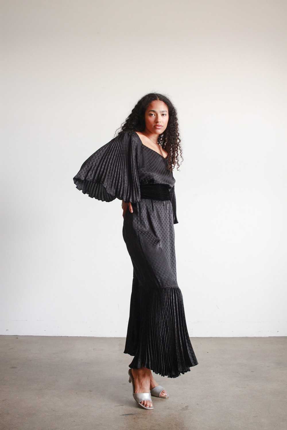 1980s Black Silk Pleated Angel Sleeve Dress - image 8