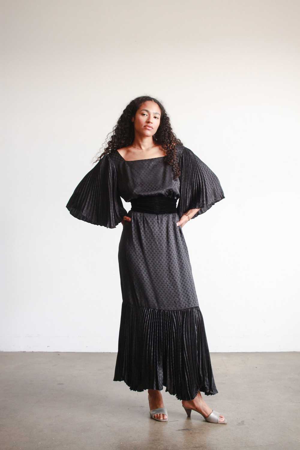 1980s Black Silk Pleated Angel Sleeve Dress - image 9