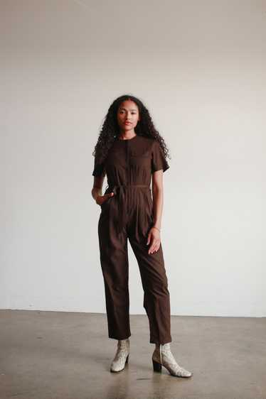 1980s Chocolate Raw Silk Jumpsuit - image 1