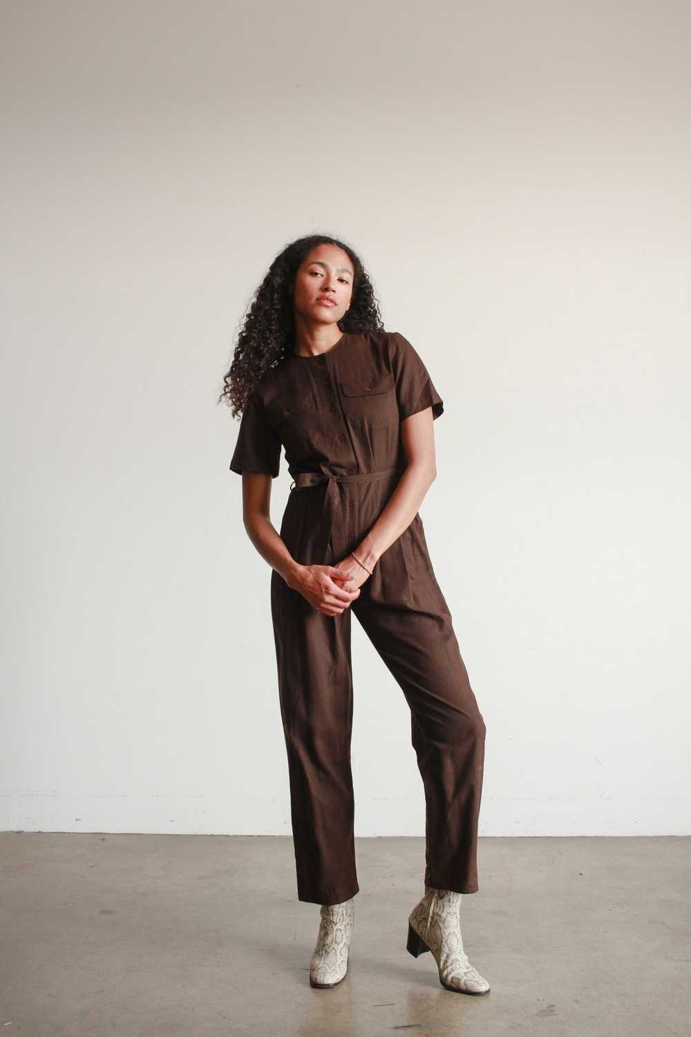 1980s Chocolate Raw Silk Jumpsuit - image 3