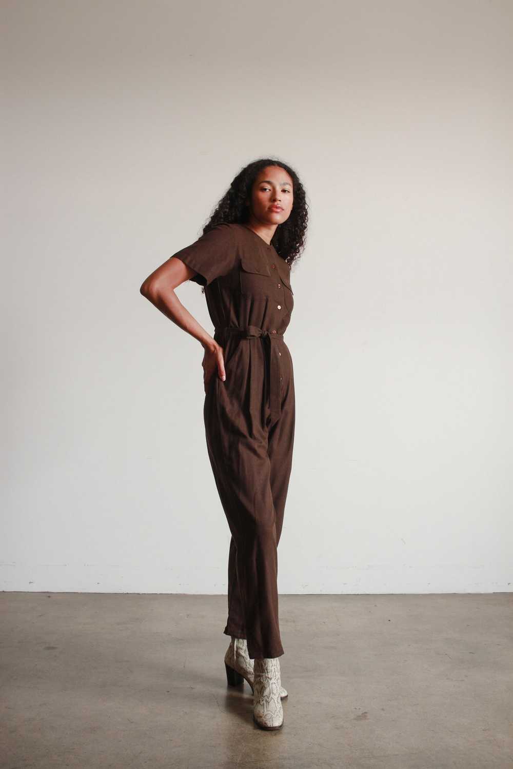 1980s Chocolate Raw Silk Jumpsuit - image 4