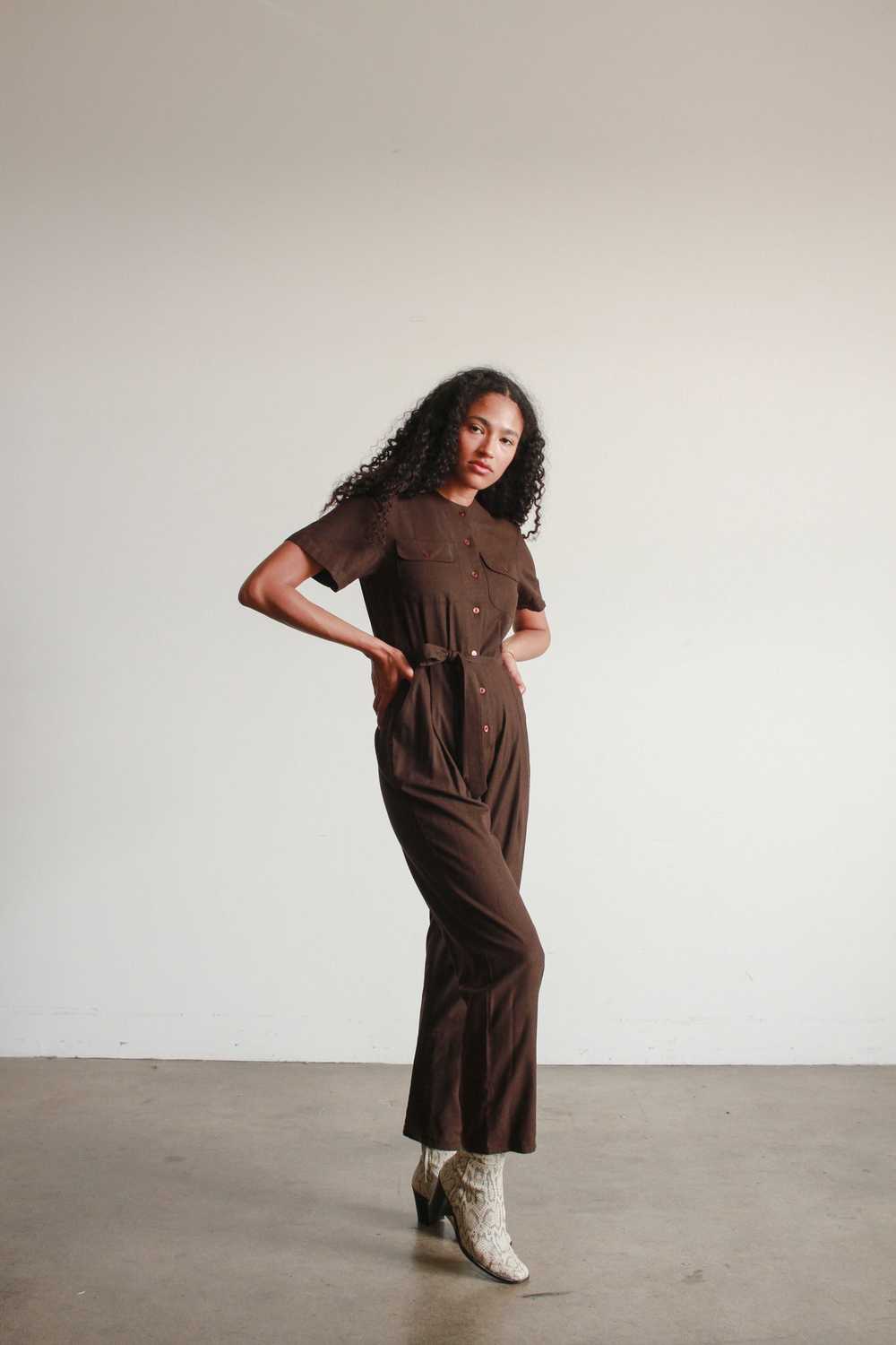 1980s Chocolate Raw Silk Jumpsuit - image 5