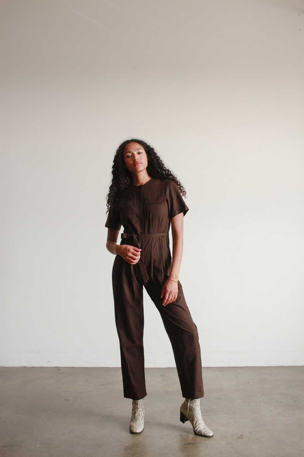 1980s Chocolate Raw Silk Jumpsuit - image 6