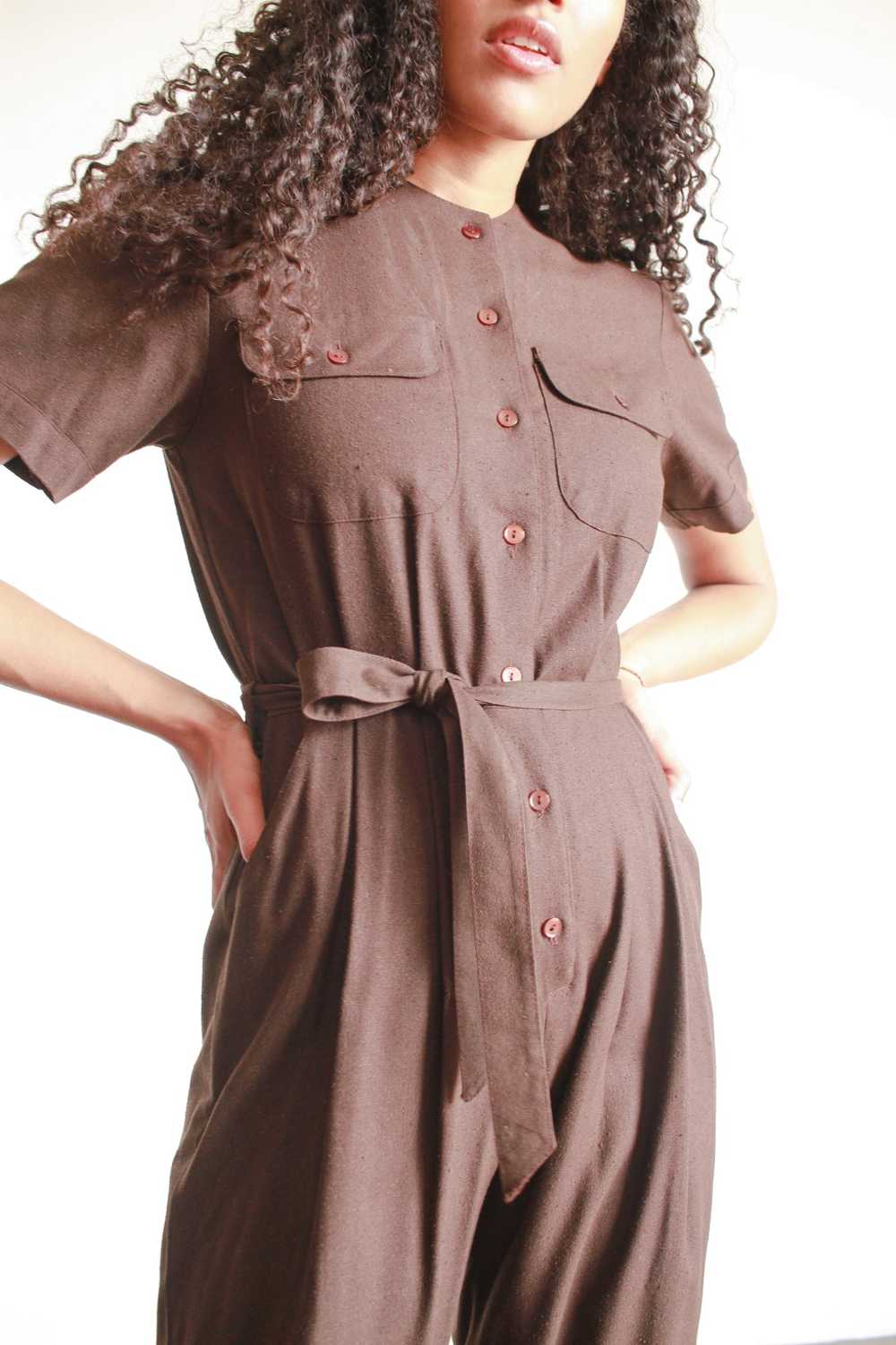 1980s Chocolate Raw Silk Jumpsuit - image 7