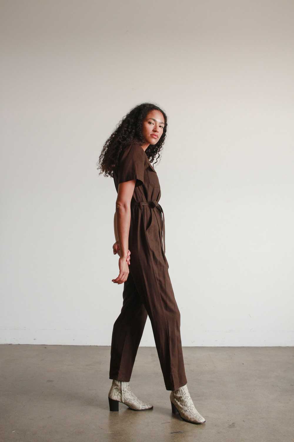 1980s Chocolate Raw Silk Jumpsuit - image 9