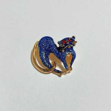 Vintage Cat Gold Blue Lame Corsage Pin Brooch - image 1