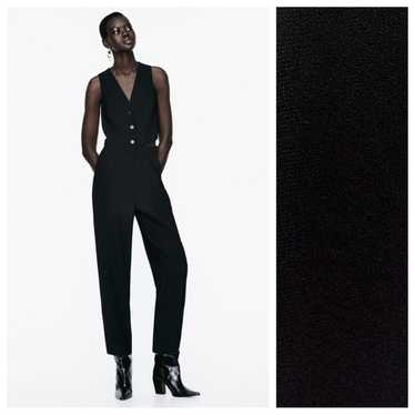 NWOT. Zara Black Darted Sleeveless V-neck Jumpsuit