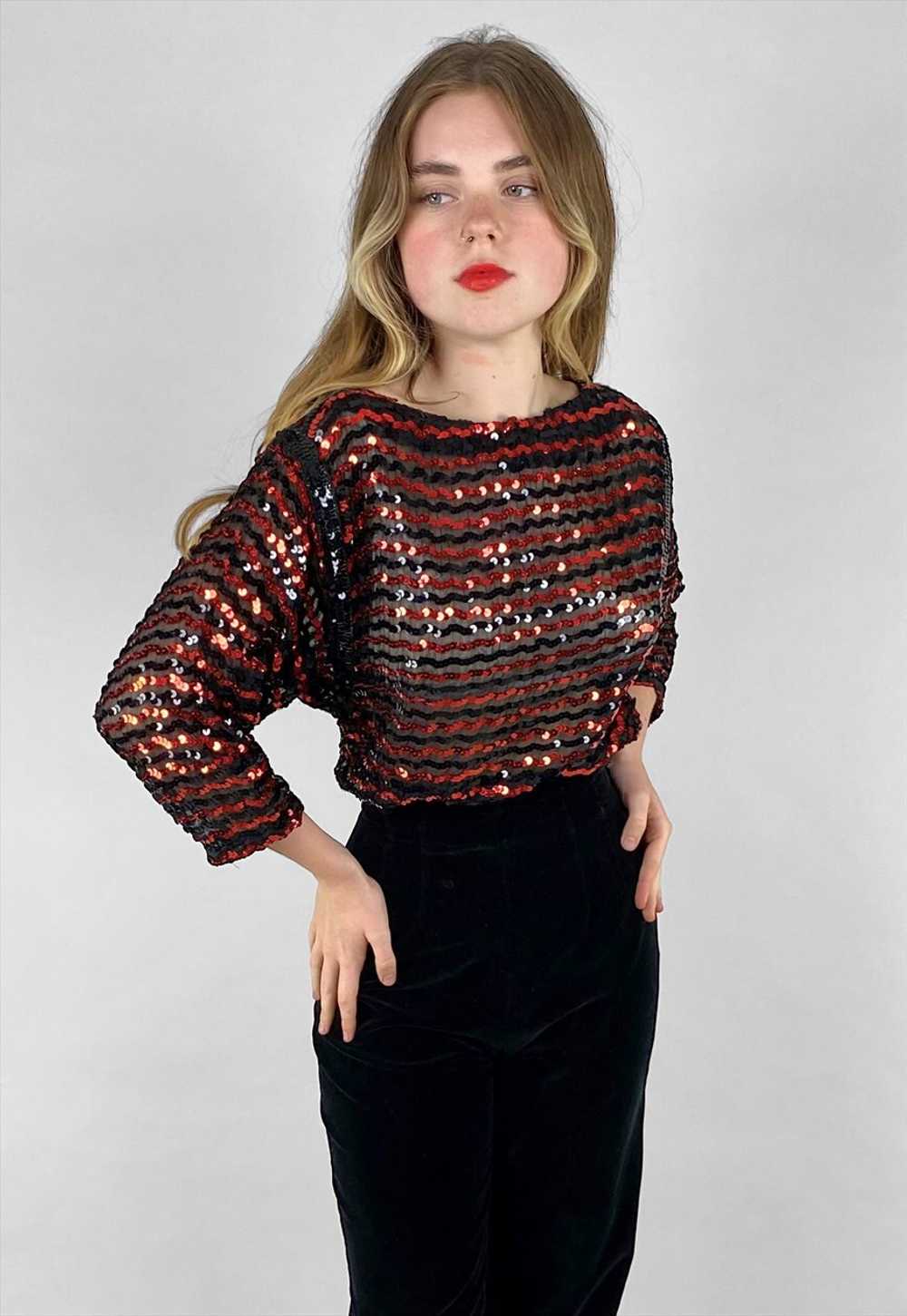 Ann Green 70's Vintage Red Black Sequin Ladies Ev… - image 1