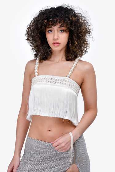 PatBo White Pearl Beaded Strapped Fringe Cropped T