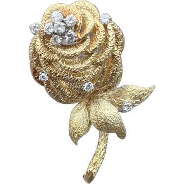 18K Yellow Gold and Diamond Rose Pin