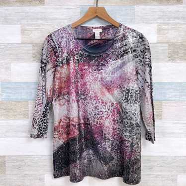 Other Chicos Sequin 3/4 Sleeve Top Purple Black Wo