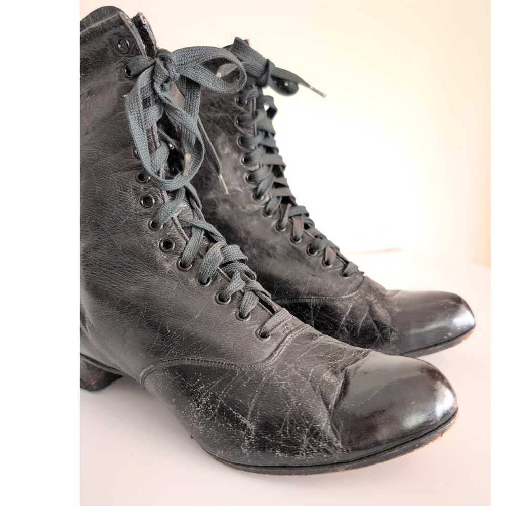 Edwardian Granny Boots Lace Up Black Leather 6.5 - image 4