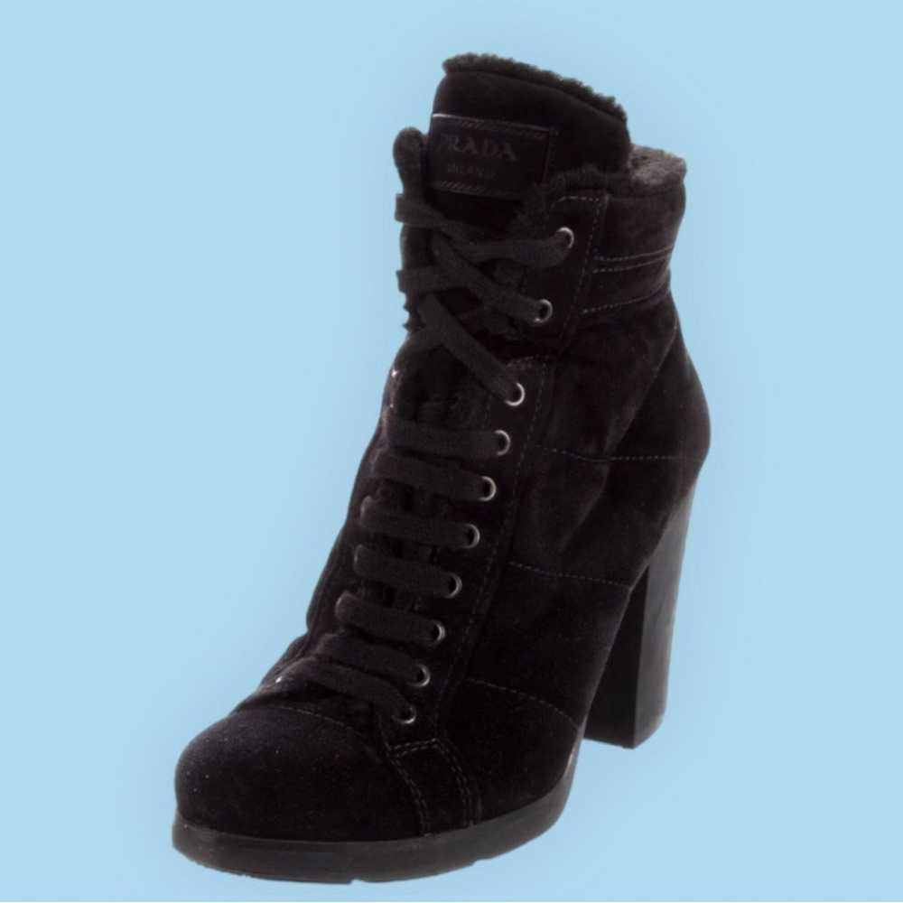 Prada Prada Black Suede Fur Trim Lace-Up Boots | … - image 2