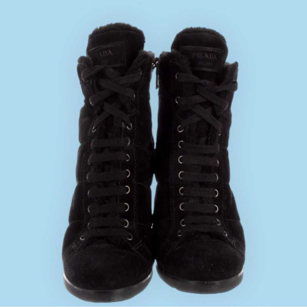 Prada Prada Black Suede Fur Trim Lace-Up Boots | … - image 3