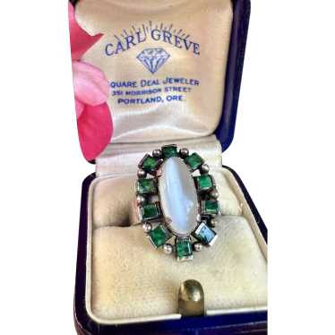 Antique Sterling Silver Moonstone and Emerald Ring