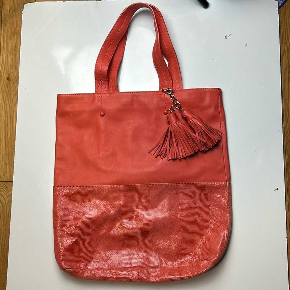 Ann Taylor coral leather tote with tassels - image 1