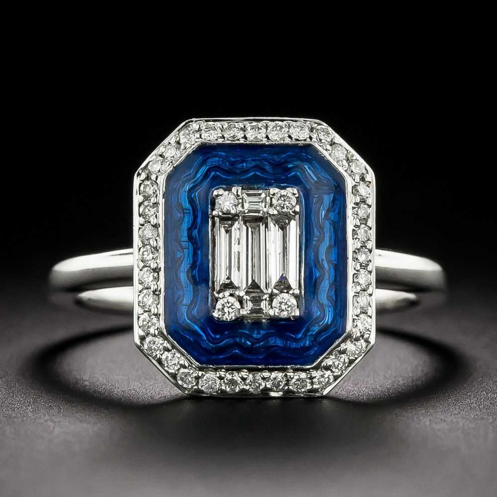 Art Deco-Style Blue Enamel and Diamond Ring - image 1