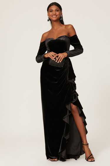 Badgley Mischka Draped Velvet Ruffle Gown