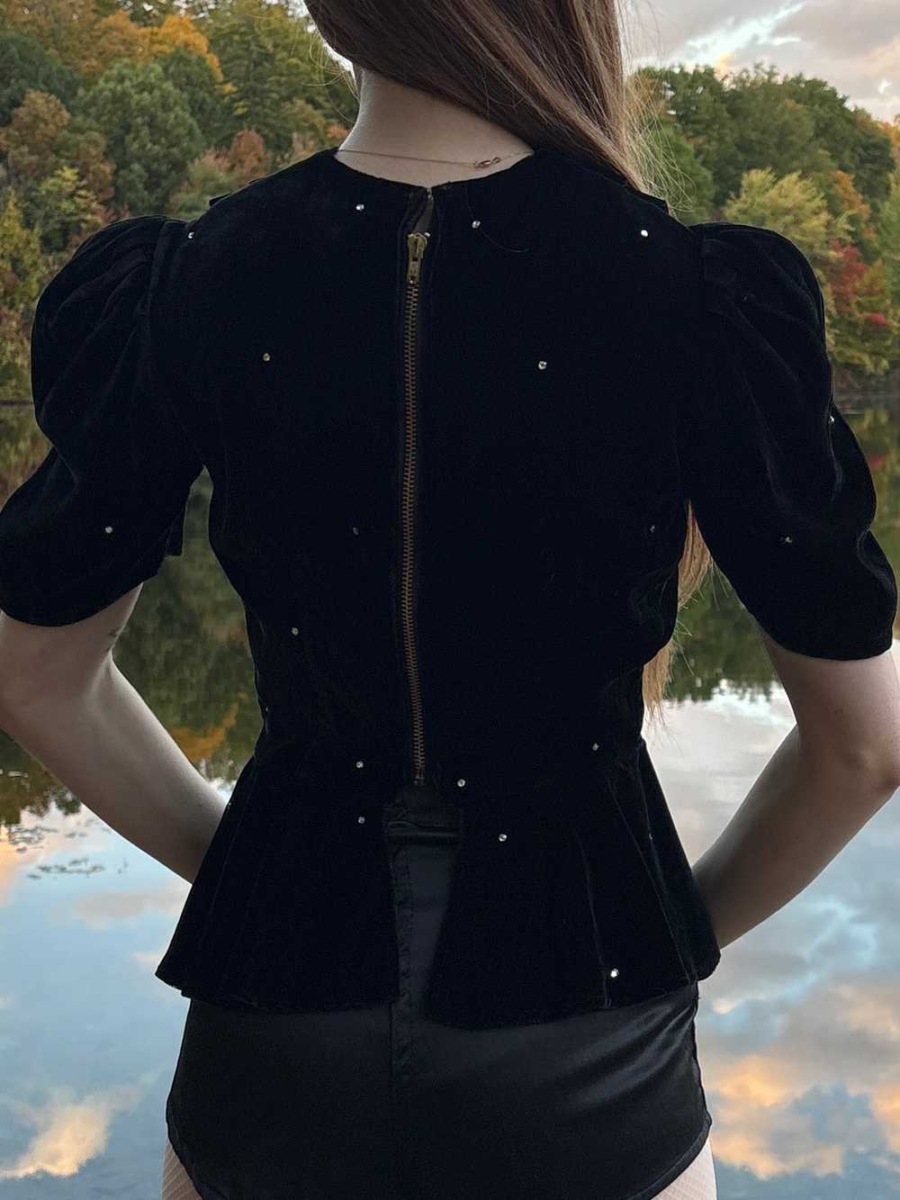 1940s Black Silk Velvet Glass Rhinestone Blouse B… - image 4