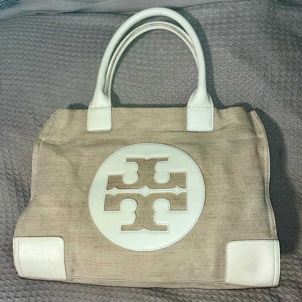 TORY BURCH Canvas Leather Trim Tote ELLA Bag Beig… - image 1