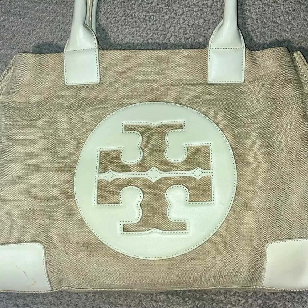 TORY BURCH Canvas Leather Trim Tote ELLA Bag Beig… - image 2