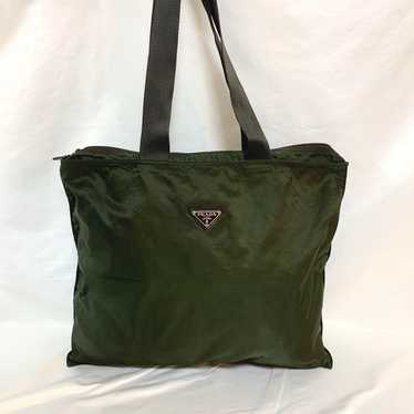 PRADA Triangle Plate Zip Tote Bag Green