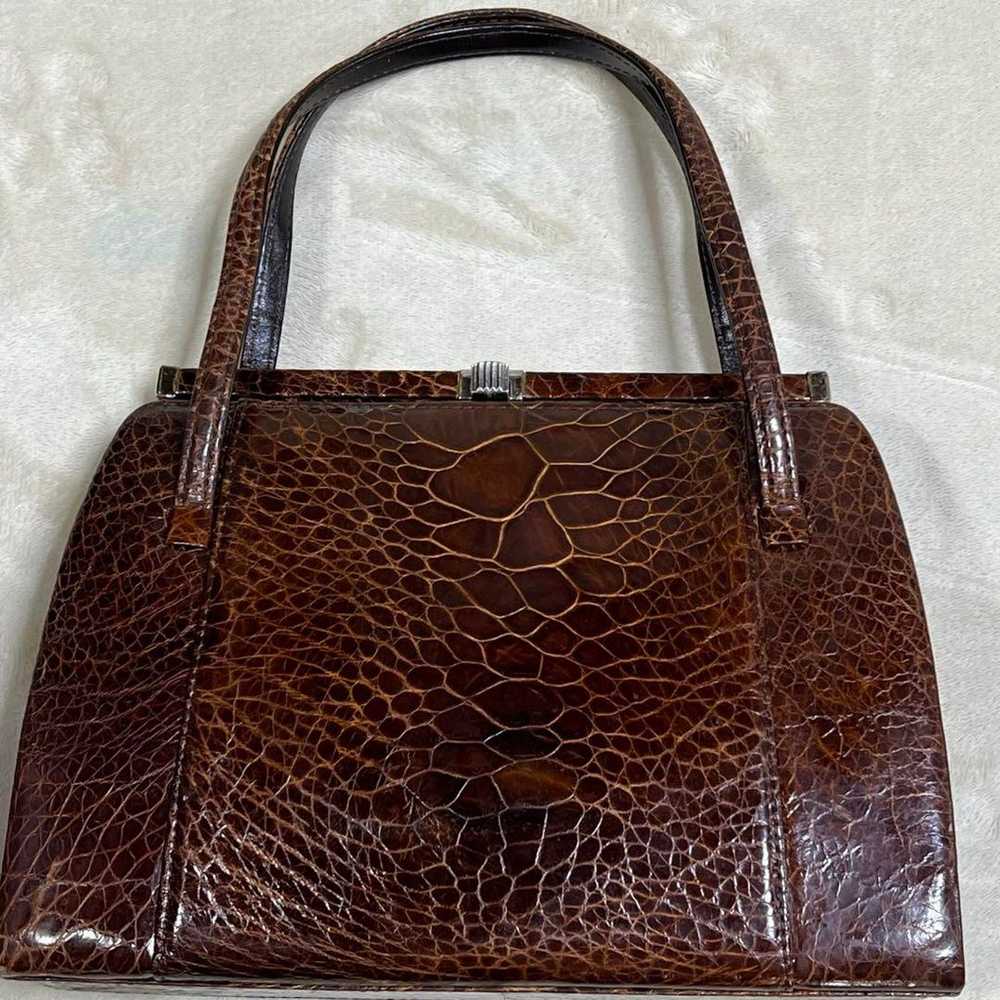 80s Showa retro vintage turtle leather handbag wi… - image 2