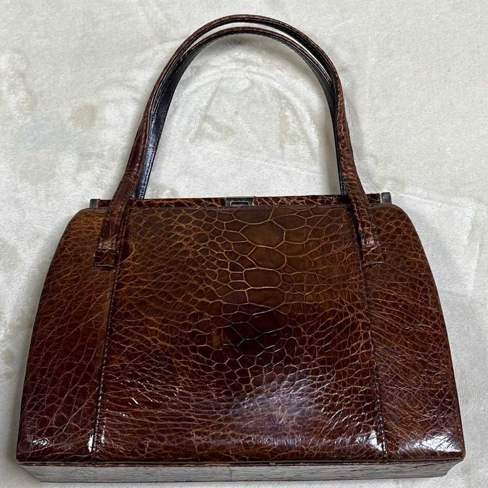 80s Showa retro vintage turtle leather handbag wi… - image 3