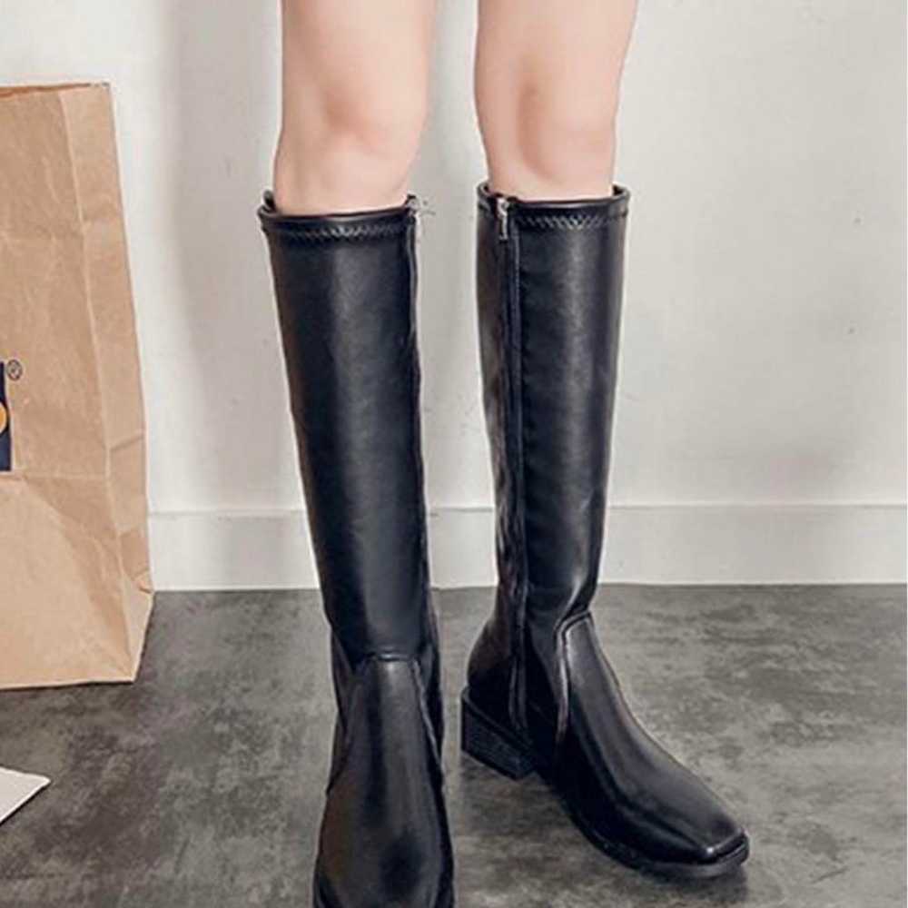 Black synthetic leather long boots with a medium … - image 2