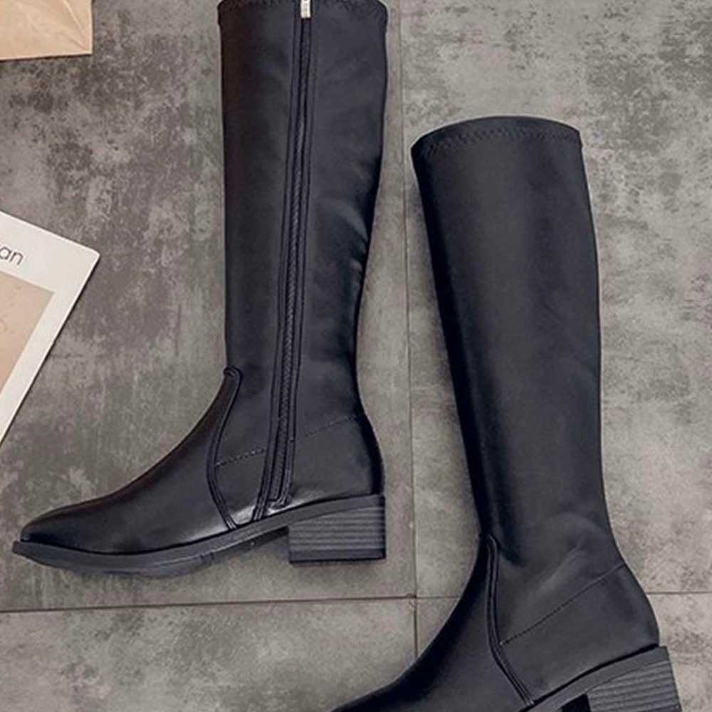 Black synthetic leather long boots with a medium … - image 3