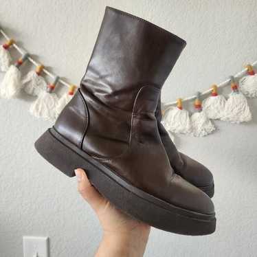 Zara Flat Ankle Round Toe Leather Boots Chocolate 