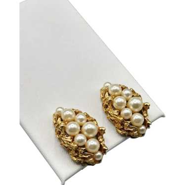 Vintage Napier Gold Tone Clip On Earrings with Fa… - image 1