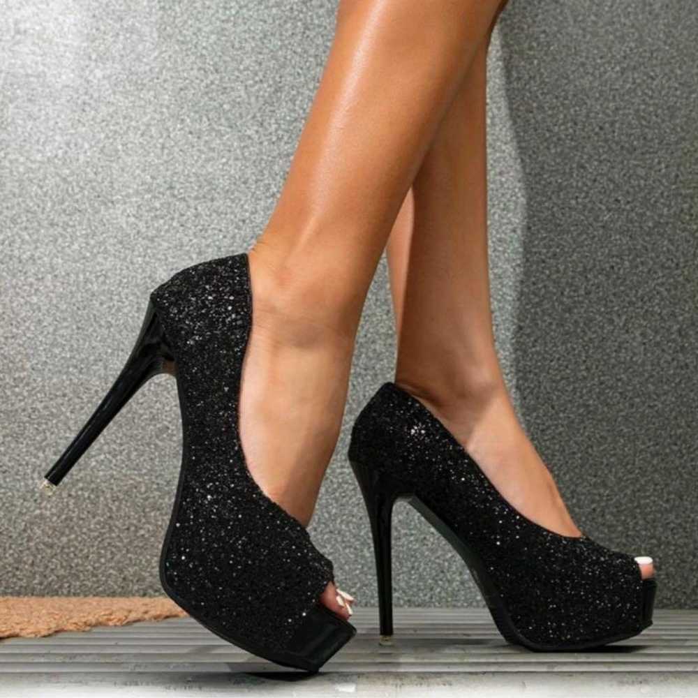 Black glitter open-toe high heel pumps - image 2