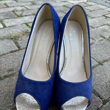 Navy Suede Open-Toe High Heels. - image 1