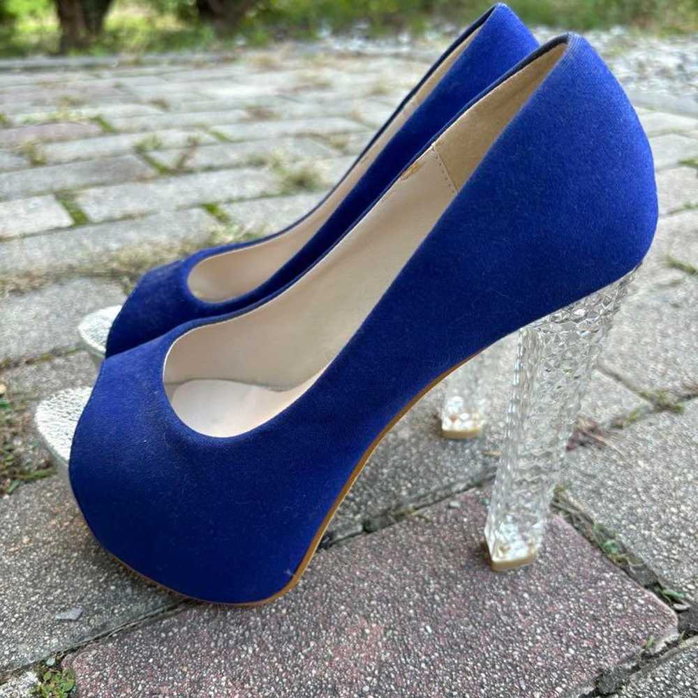 Navy Suede Open-Toe High Heels. - image 2