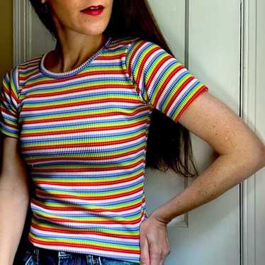 70s Vintage Rainbow Stripe Super Stretch Short Sl… - image 1