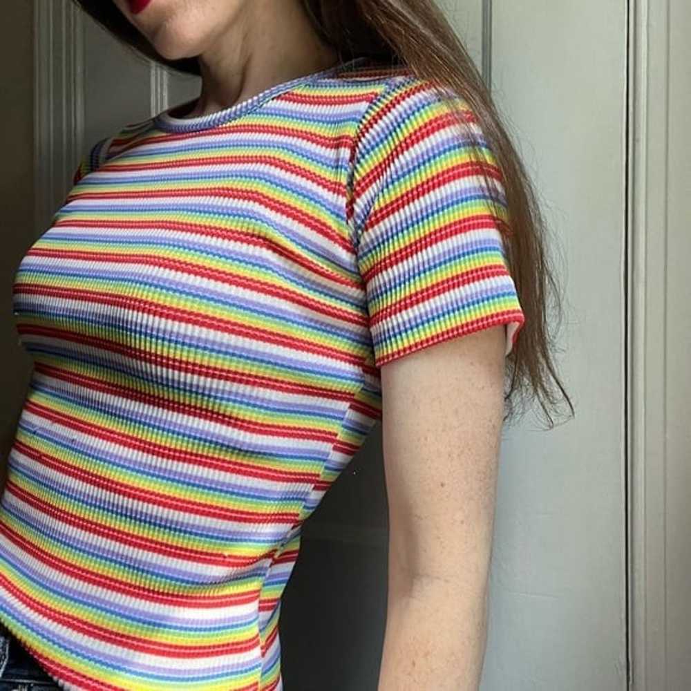 70s Vintage Rainbow Stripe Super Stretch Short Sl… - image 7