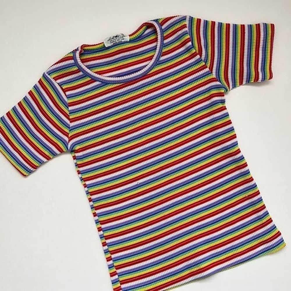 70s Vintage Rainbow Stripe Super Stretch Short Sl… - image 9