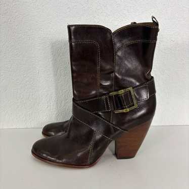 Frye Brown Leather Andrea Mid Calf Heeled Booties