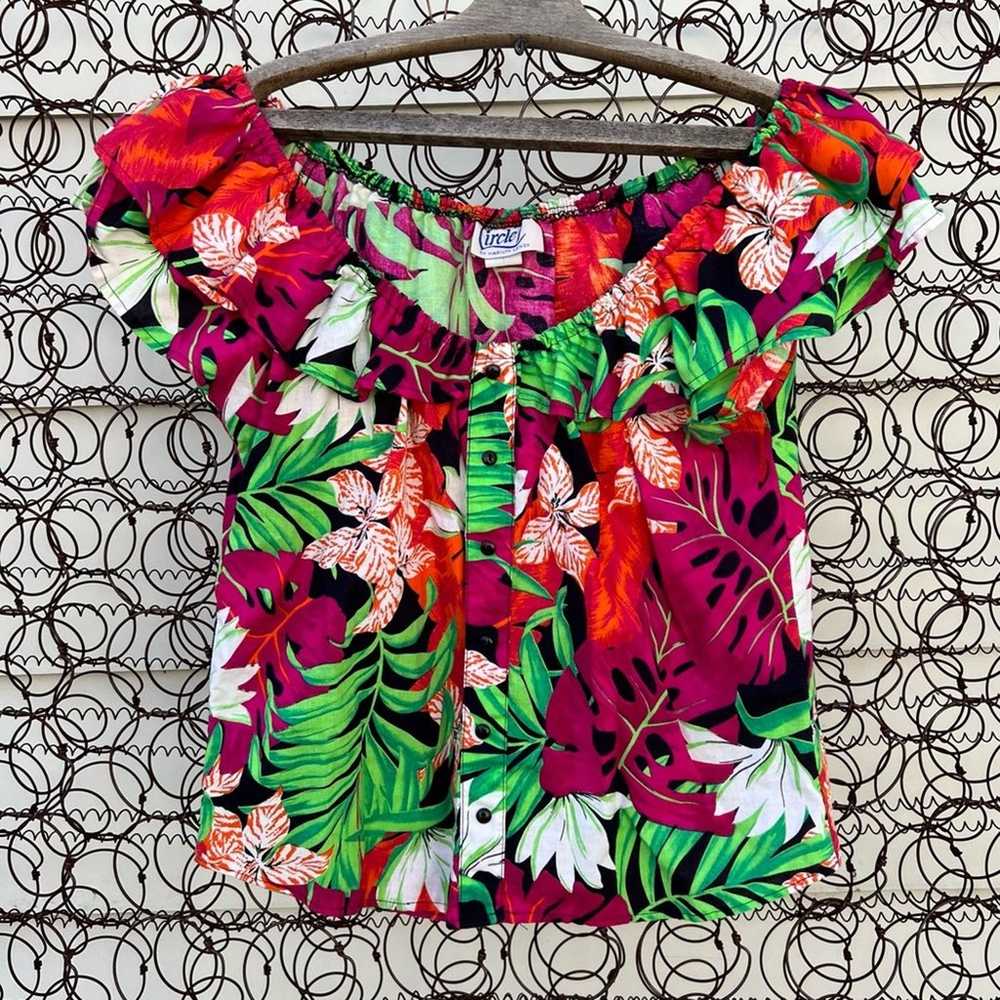 Vintage Circle T Hawaiian tropical floral off the… - image 1