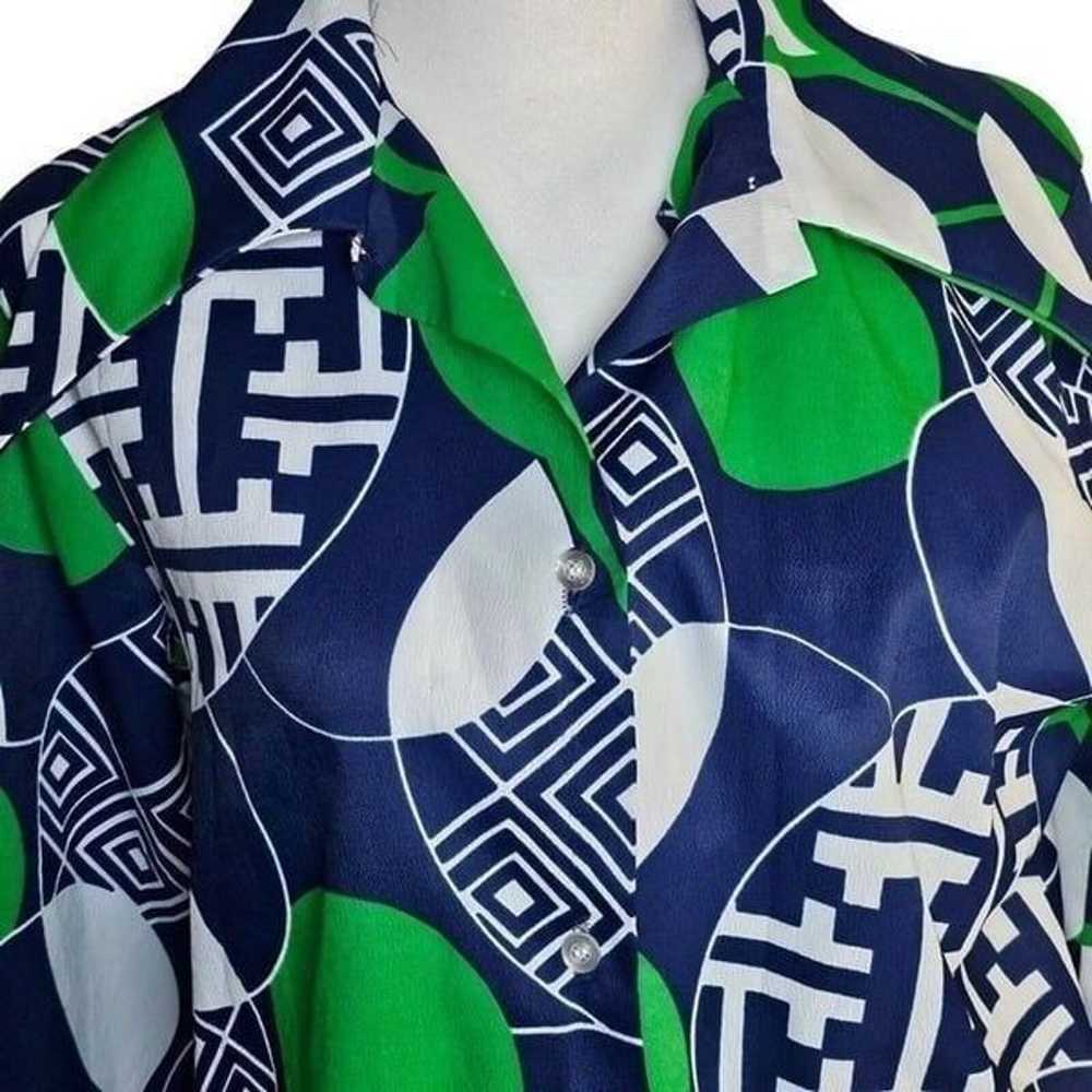 Vintage 1970s Blouse Shirt Womens M Blue Green Ge… - image 2