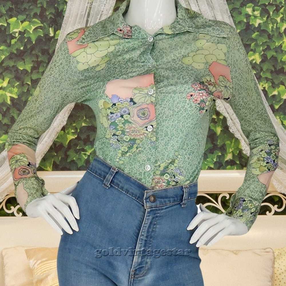 70s Vintage Hippie Floral Disco Button Up Top Shi… - image 2