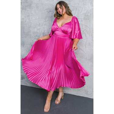 Flying Tomato Solid Satin Pleated Flowly Dress V-… - image 1