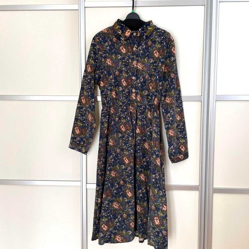 Navy Floral Corduroy Long Sleeve Knee-Length Dres… - image 1