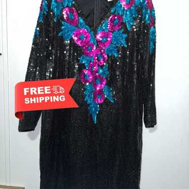 VTG Elegance Anujan Black Sequin Party Dress Size… - image 1